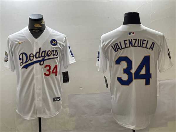 Men%27s Los Angeles Dodgers #34 Toro Valenzuela White Gold 2024 World Series With No. 34 Patch Home Limited Stitched Jersey->los angeles dodgers->MLB Jersey